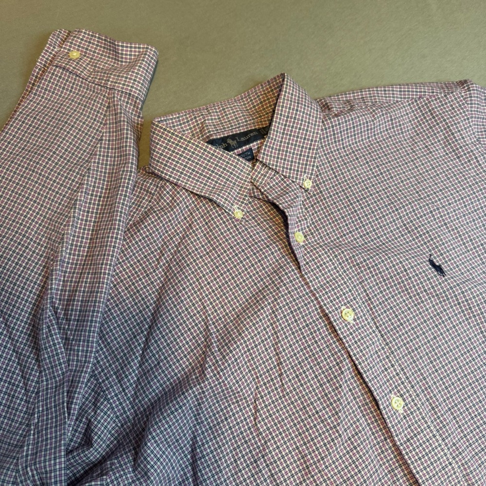 Ralph Lauren Yarmouth Mens 15.5 32/33 Purple Navy Plaid Cotton Button Down Shirt